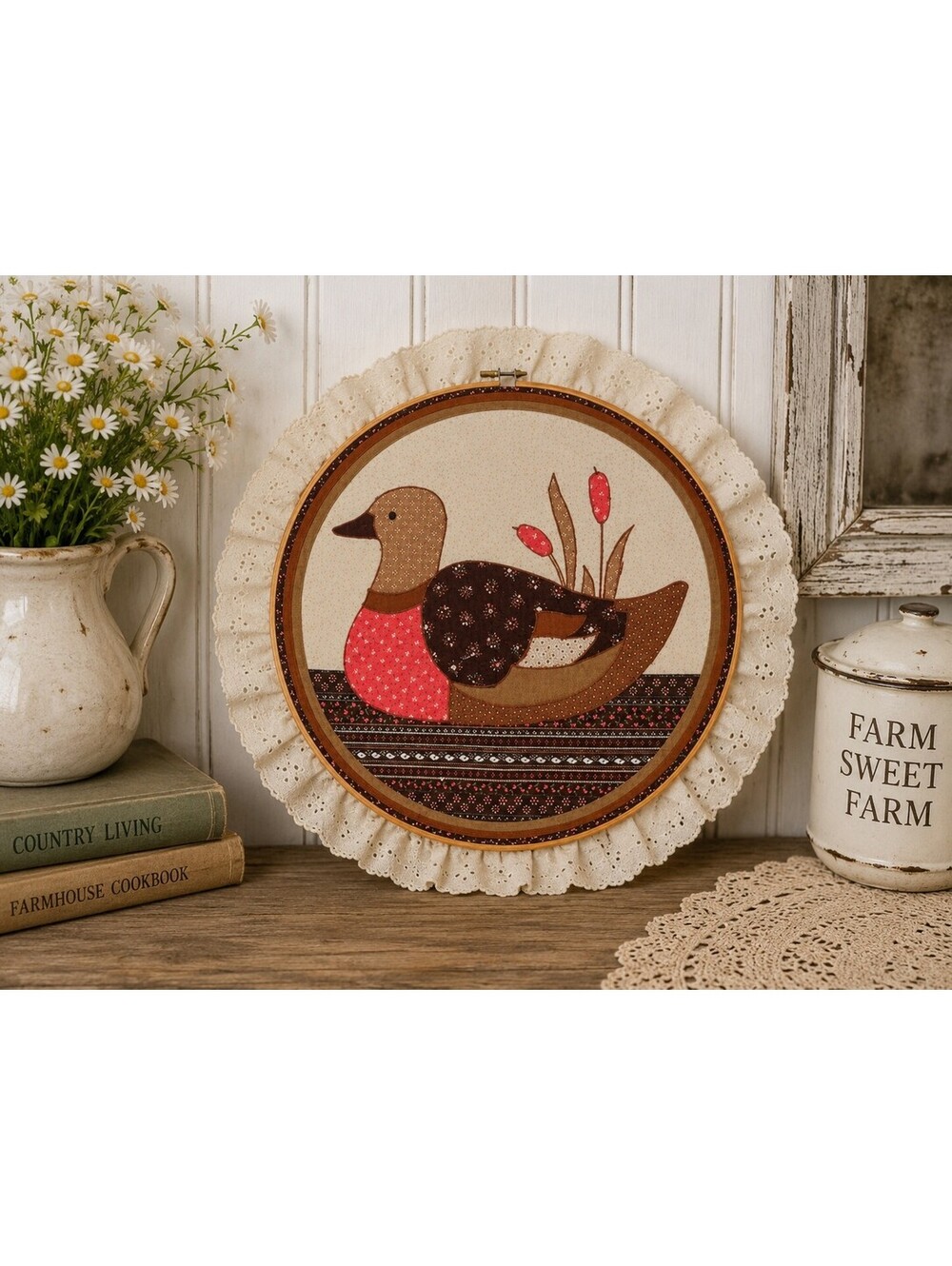 Vintage Handmade Country Duck Applique Embroidery Hoop Wall Hanging 13"